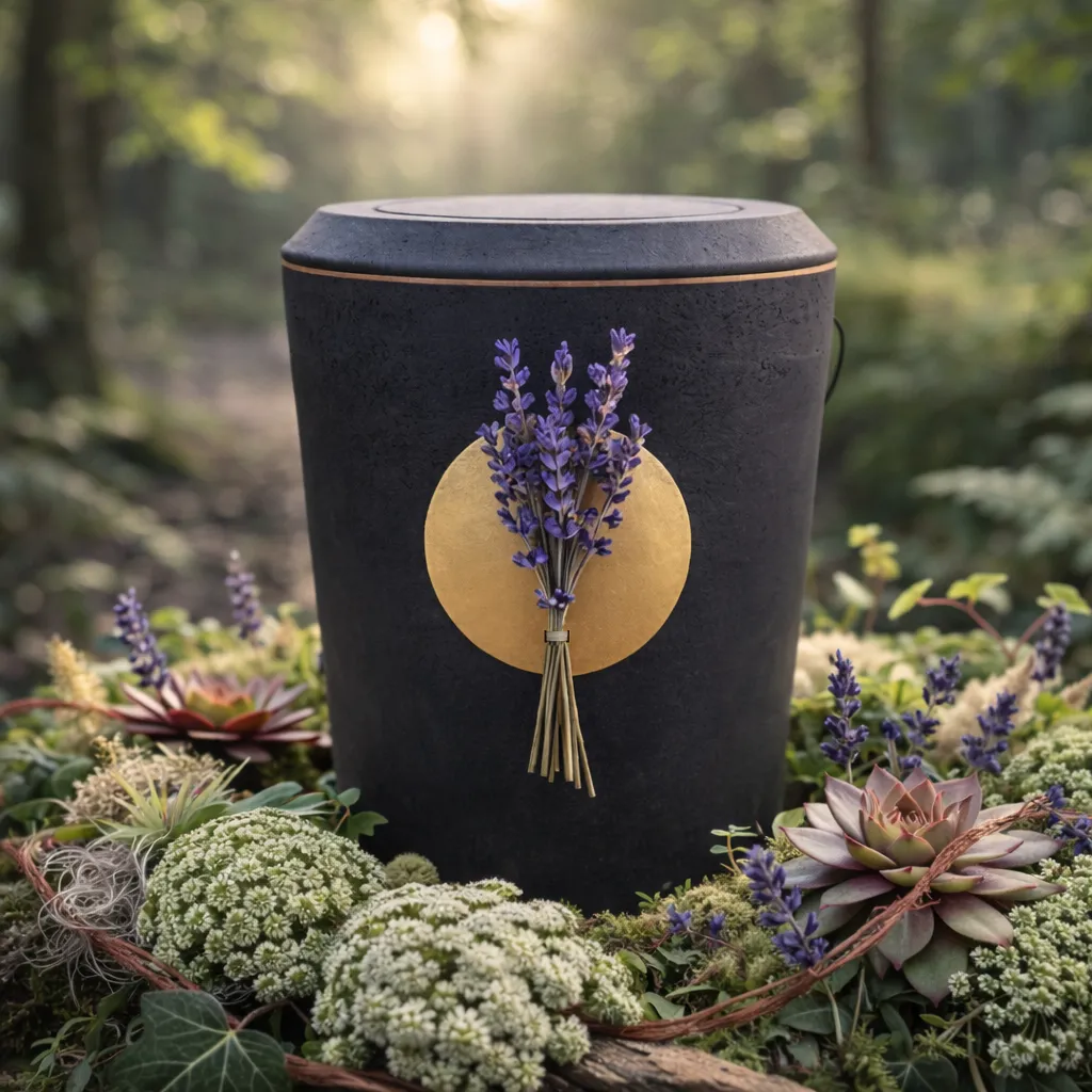 Kohleurne mit Lavendel in einer natürlichen Waldumgebung